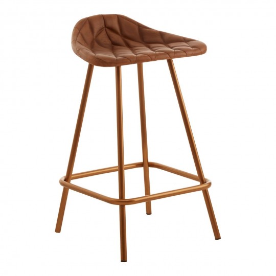 Brown Leather Seat Copper Rose Gold Metal Bar Stool Industrial Retro