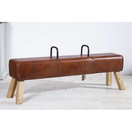 Brown Leather Pommel Bench Smithers Designer Furniture &pound;453.00 Mango Wood product_features