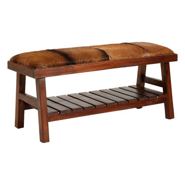 Cow Goats Hide Leather Brown Wood Bench, Brown Leather Hallway Bench