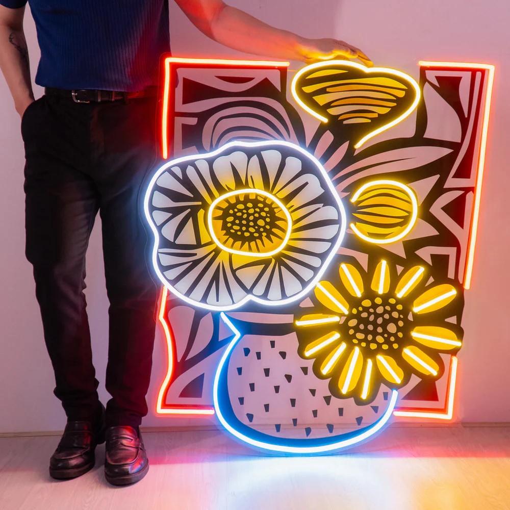 Flower Wall with Neon Sign – Bedroom & Living Room LED Art Smithers Your Custom Neon Sign & Neon Signs | Handmade in London b...