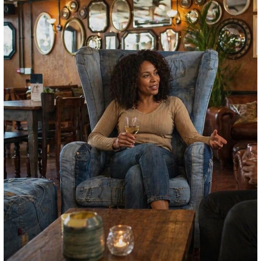 Levi 501 Denim Wing-Back Armchair Smithers Used, Abused, & Reused £4,000.00 All Rooms Teak Wood product_features