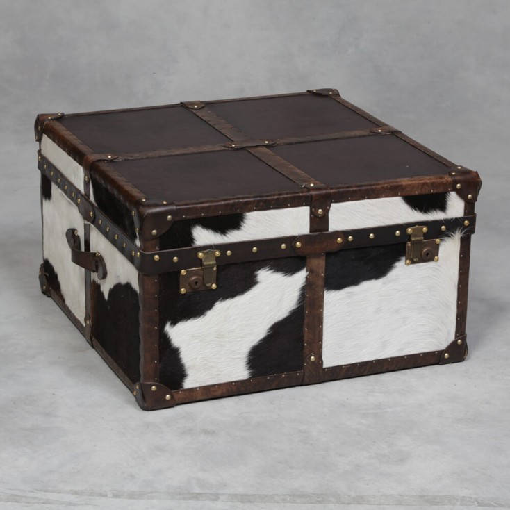 Storage Chest Coffee Table Made With Vintage Brown Leather Cowhide