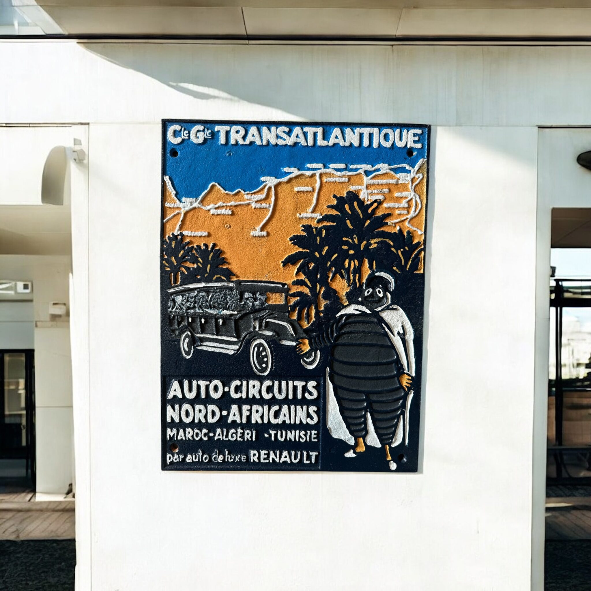 alt=“black michelin man statue ornament mascot for France and Africa auto circuits Nord africans maroc Algeria Tunisia Renault signs vintage old wall sign poster”