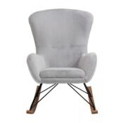 alt=" grey velvet rocking chair nursery"