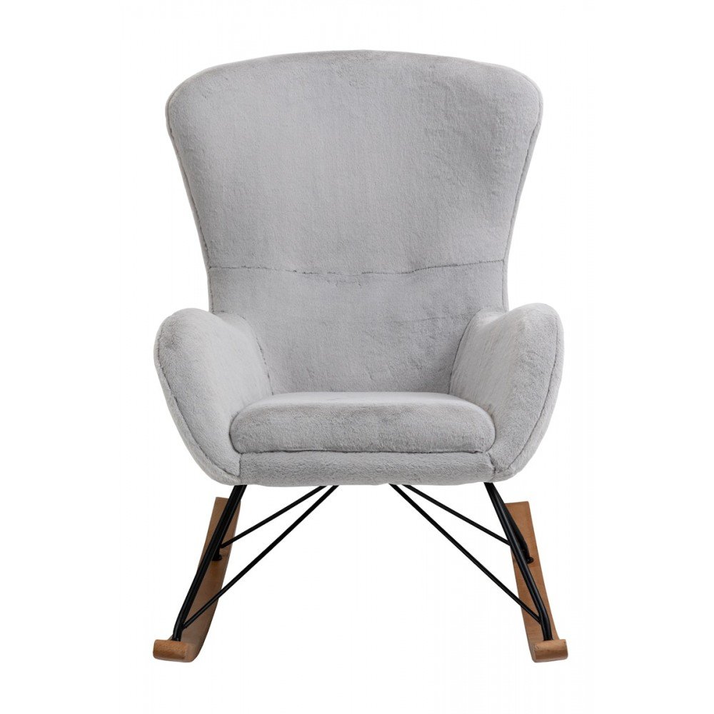 alt=" grey velvet rocking chair nursery"