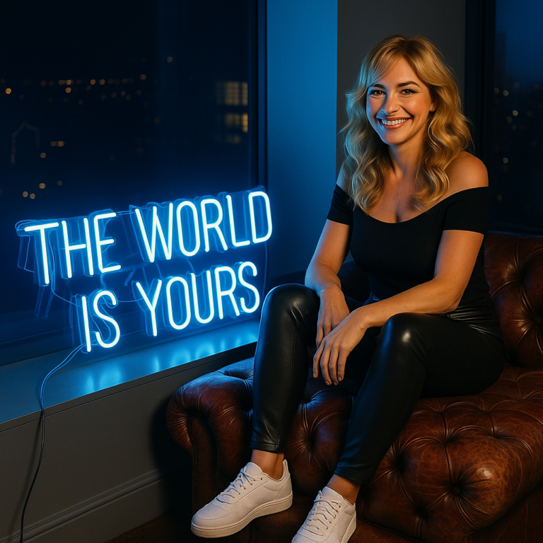 alt="Smiling blonde woman sitting on vintage red Chesterfield sofa with blue neon sign – The World Is Yours – styled for modern interiors by Smithers of London"