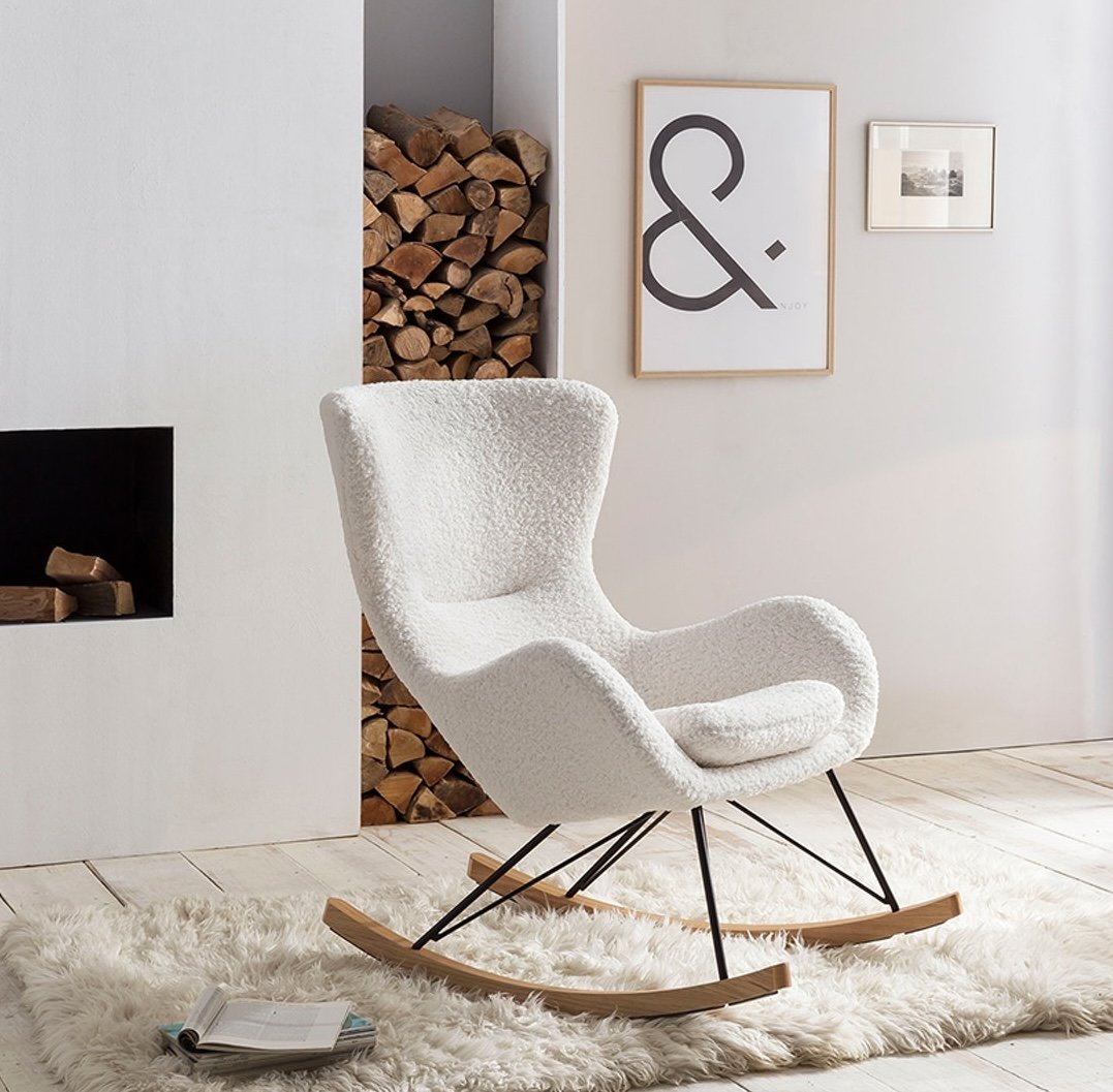 alt="nursery armchair white teddy fluffy chair for breastfeeding"