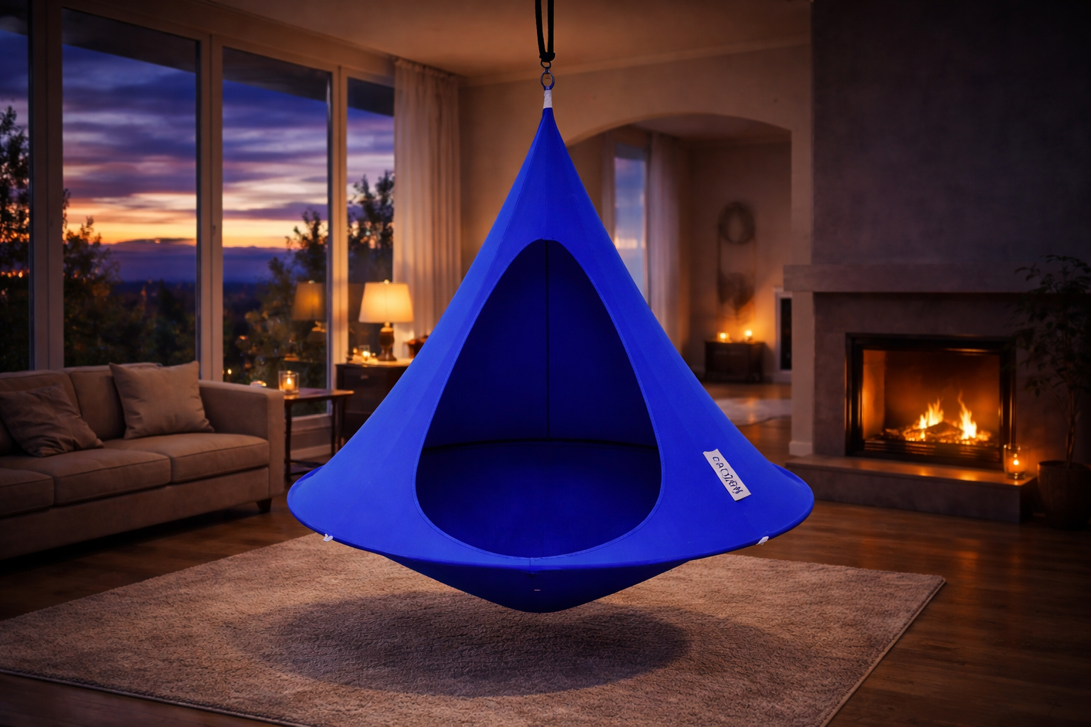 Cacoon hanging chair in terrace seating corner