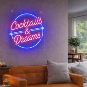 minimalist gaming desk with neon signs wall decor