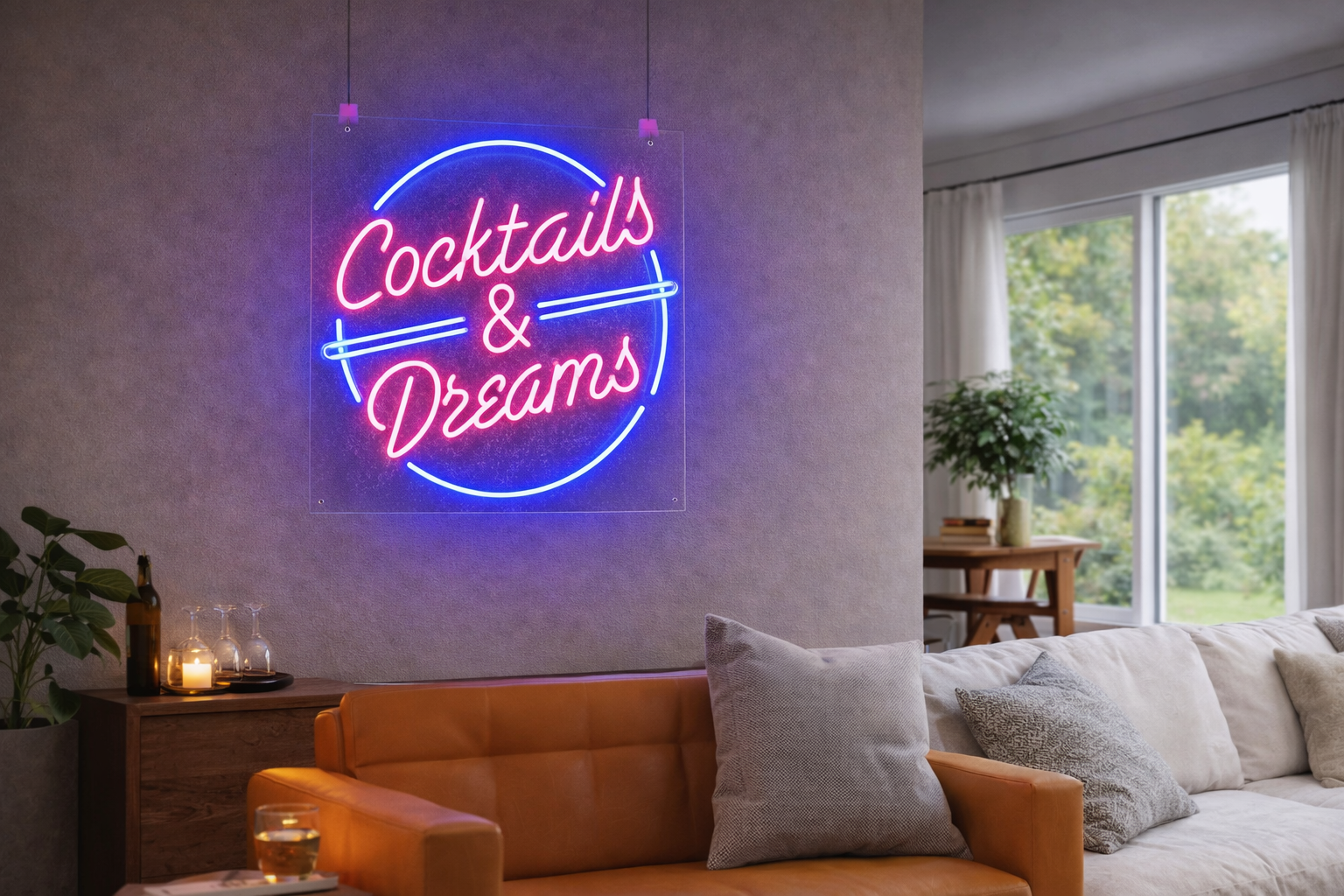 minimalist gaming desk with neon signs wall decor