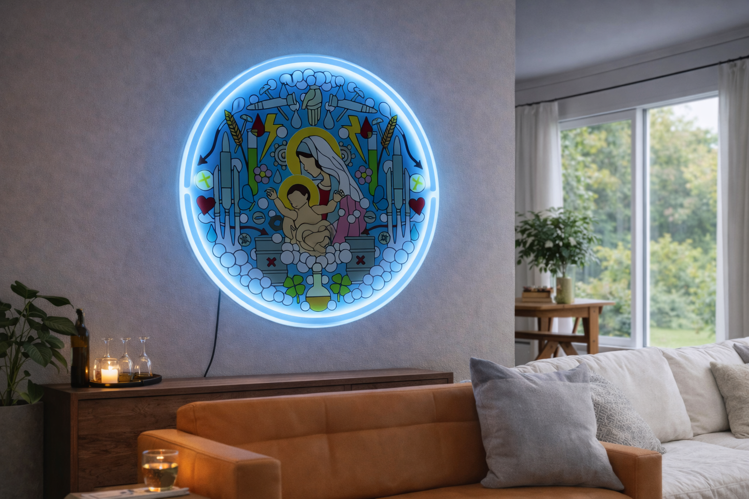 cozy gaming nook in bedroom with neon signs lighting