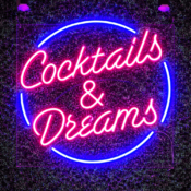 alt=" cocktails and dreams neon sign"