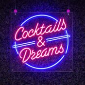 alt=" cocktails and dreams neon sign"