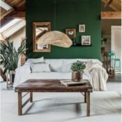 farmhouse style living room with reclaimed furniture wood table