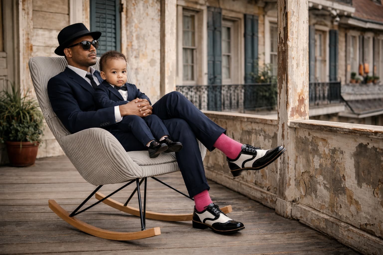 alt="A dad and boy comfortably rocking in a grey nursery armchair"
