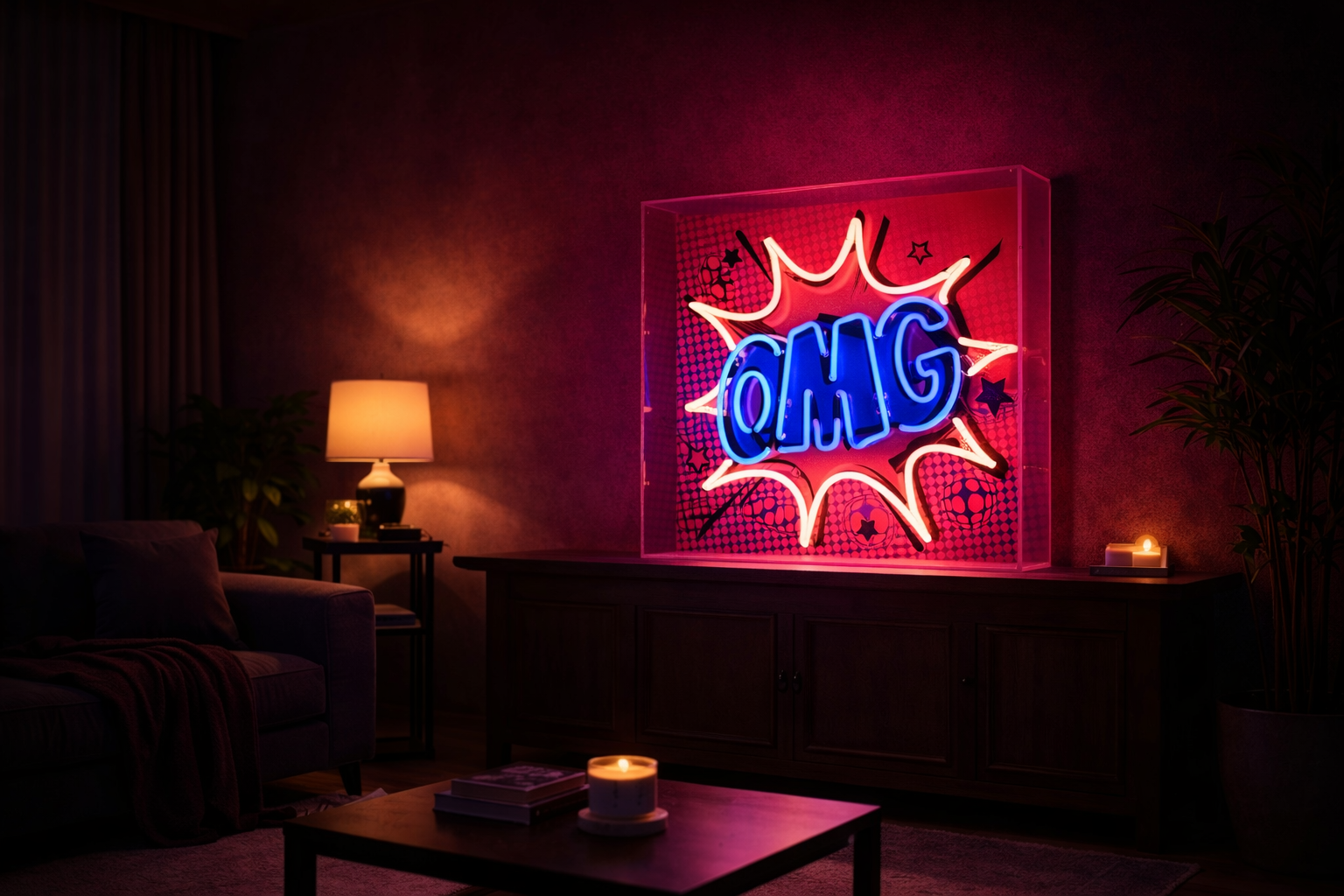 PlayStation themed wall decor with neon signs lighting