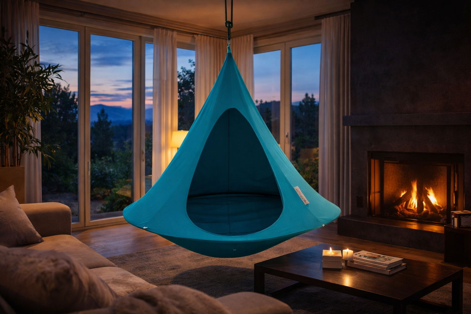 Cacoon hanging chair used as indoor meditation seat