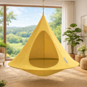 cozy blanket and pillows inside Cacoon hanging chair