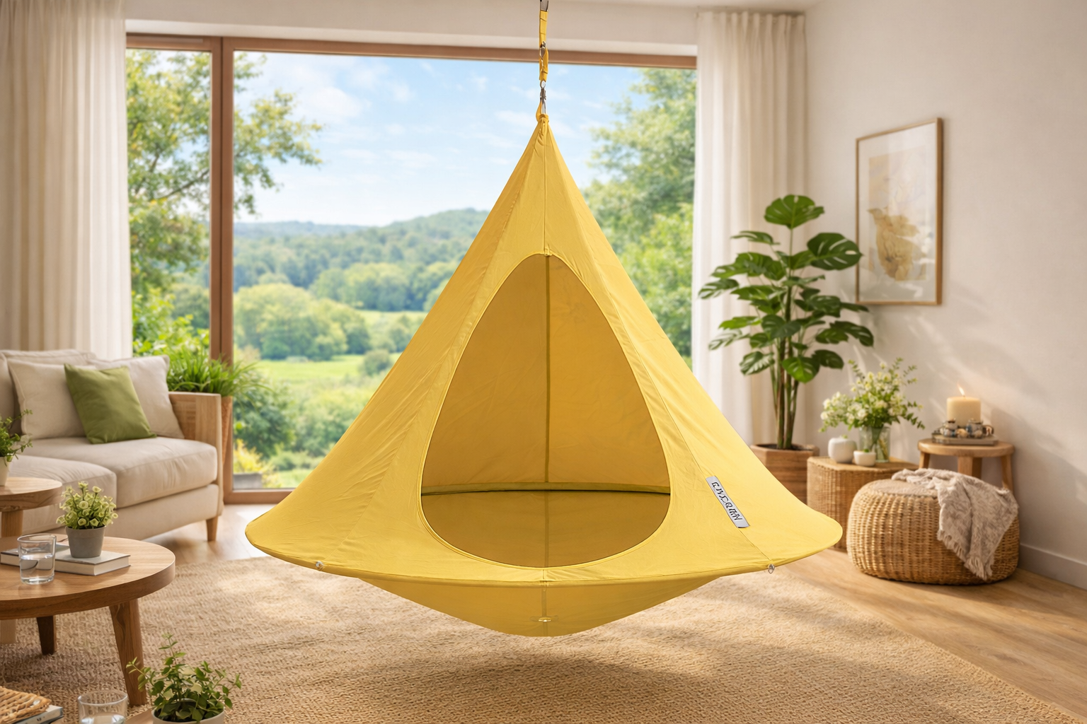 cozy blanket and pillows inside Cacoon hanging chair