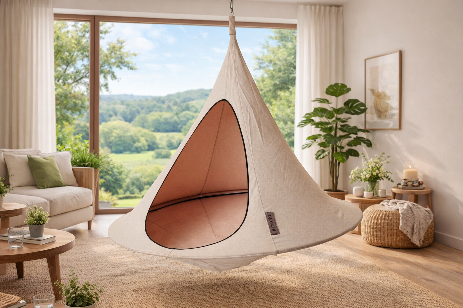 Cacoon hanging chair placed near window for sunlight