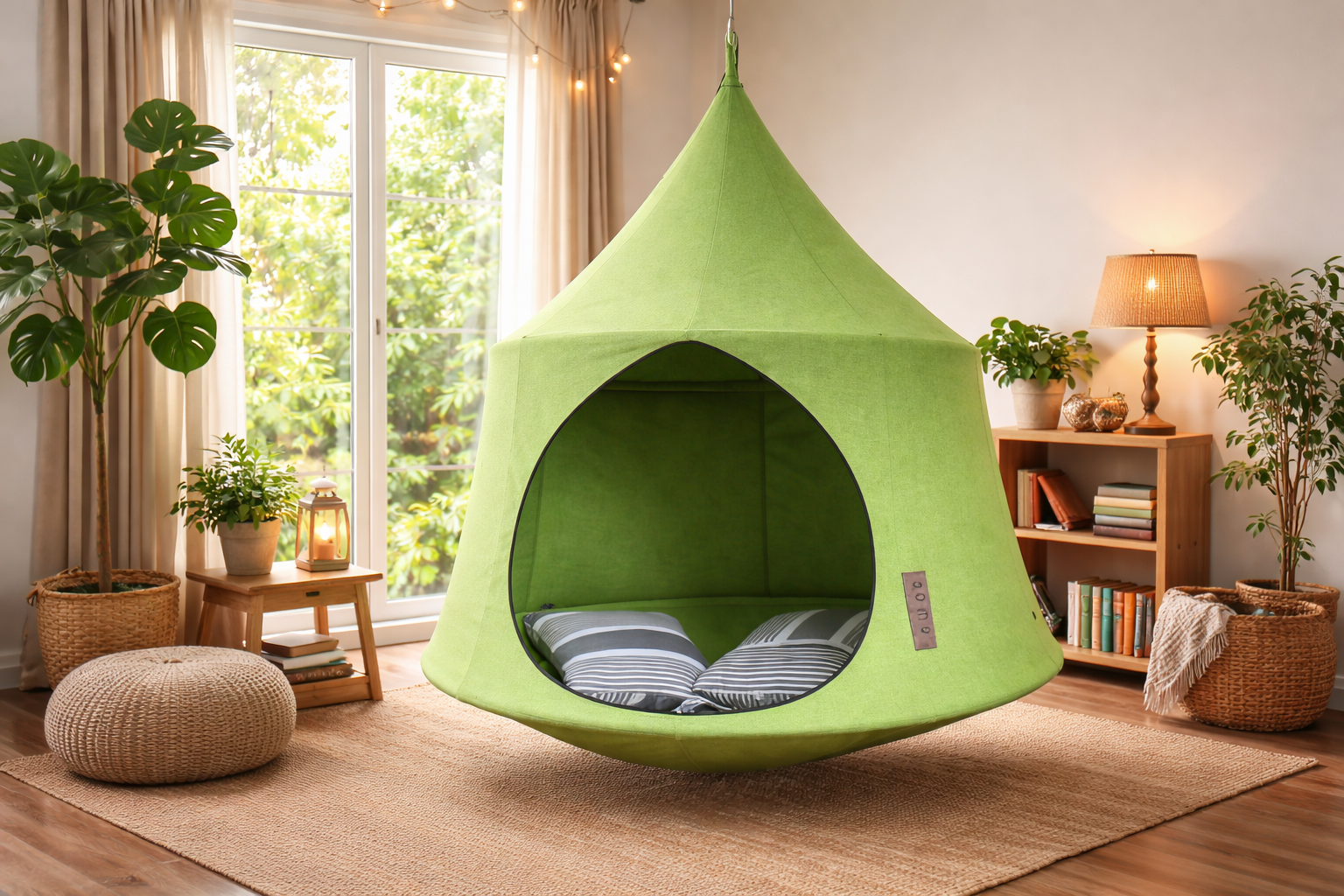 outdoor deck relaxation space with Cacoon hanging chair