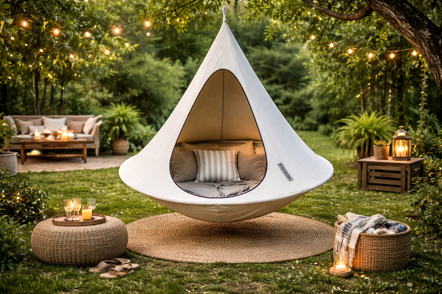 Cacoon hanging chair suspended from tree in backyard