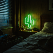 gaming desk with dual monitors and neon signs lighting