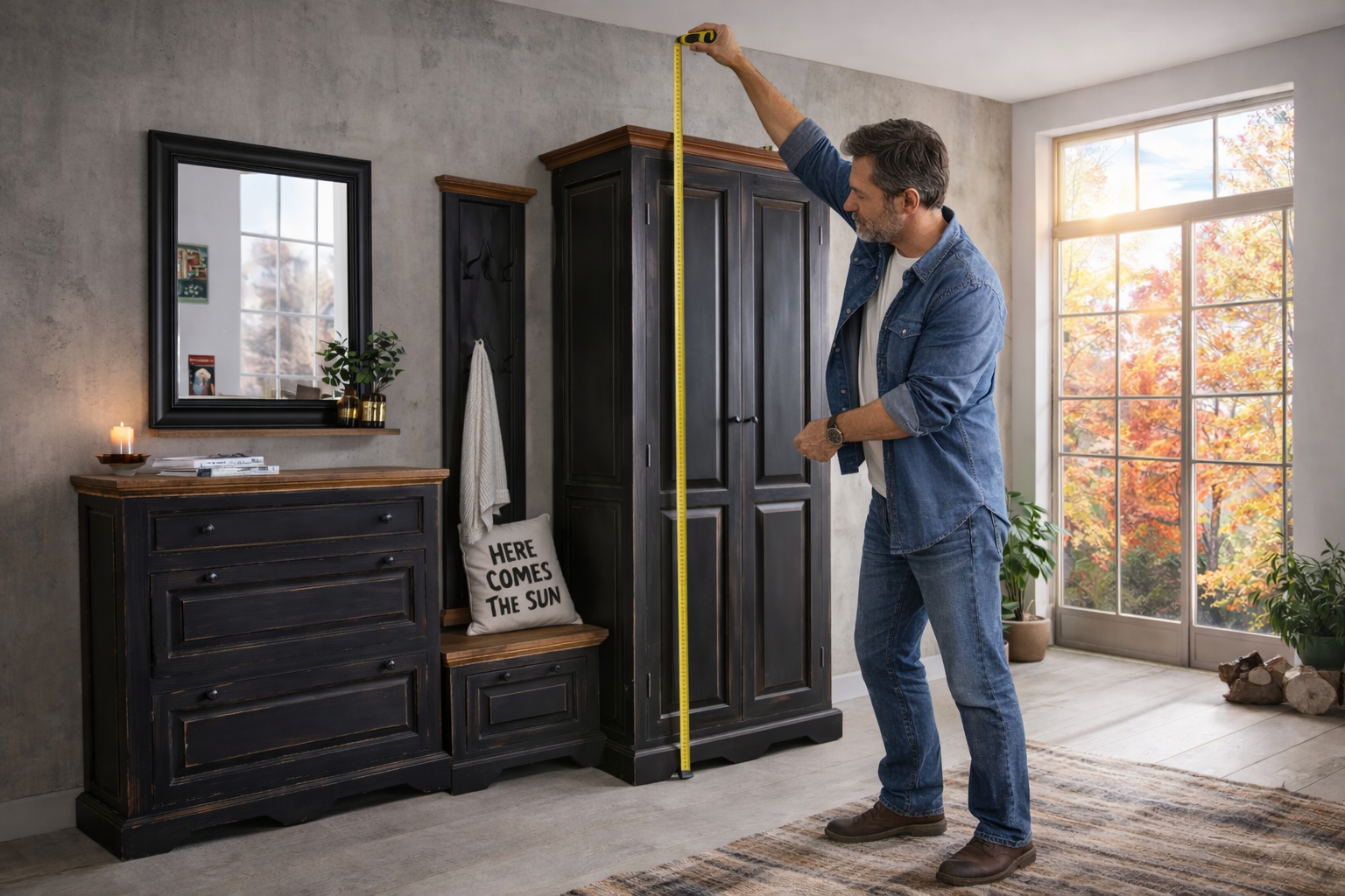 wooden floor matching neutral curtains and soft furnishings