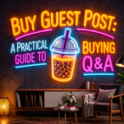 alt="Buy guest post neon sign with bubble tea illustration"
