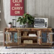 Reclaimed wood furniture TV stands collection featuring rustic reclaimed timber TV units and media cabinets