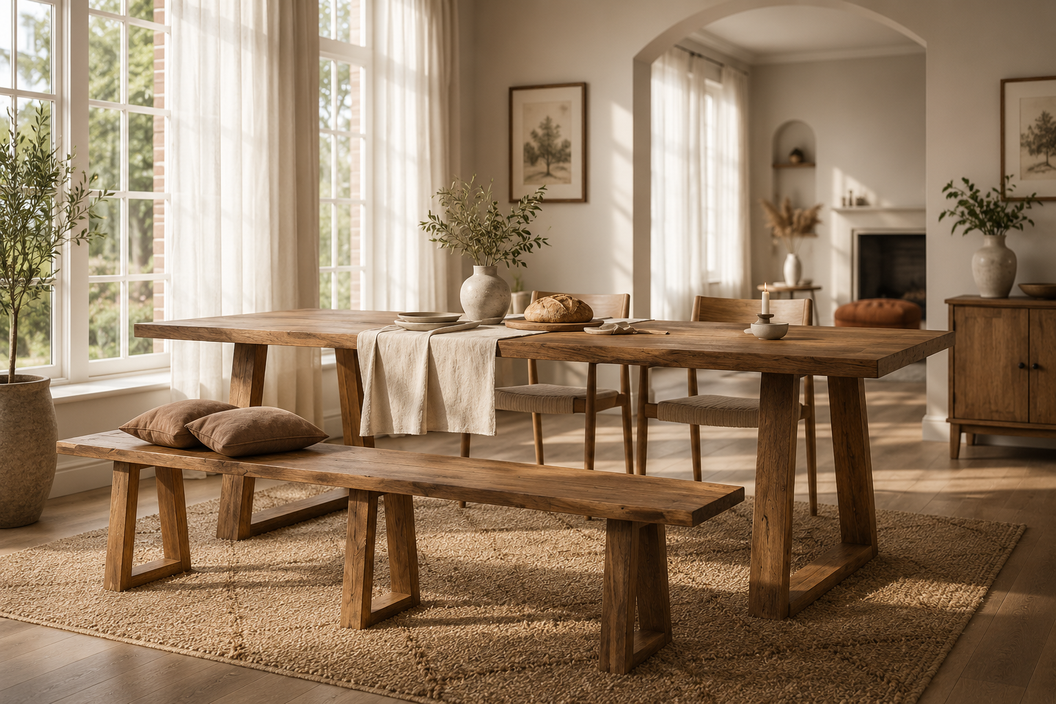 Reclaimed Wood Rustic Dining Table and Bench Set