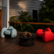 sculptural chair in red or light blue velvet