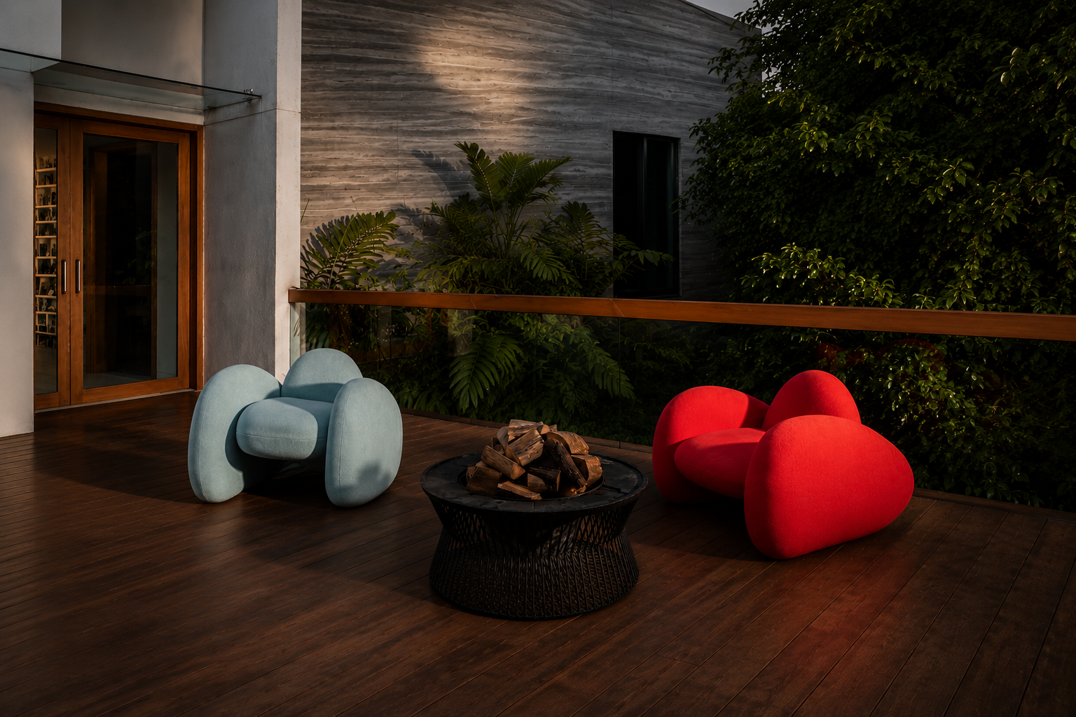 sculptural chair in red or light blue velvet