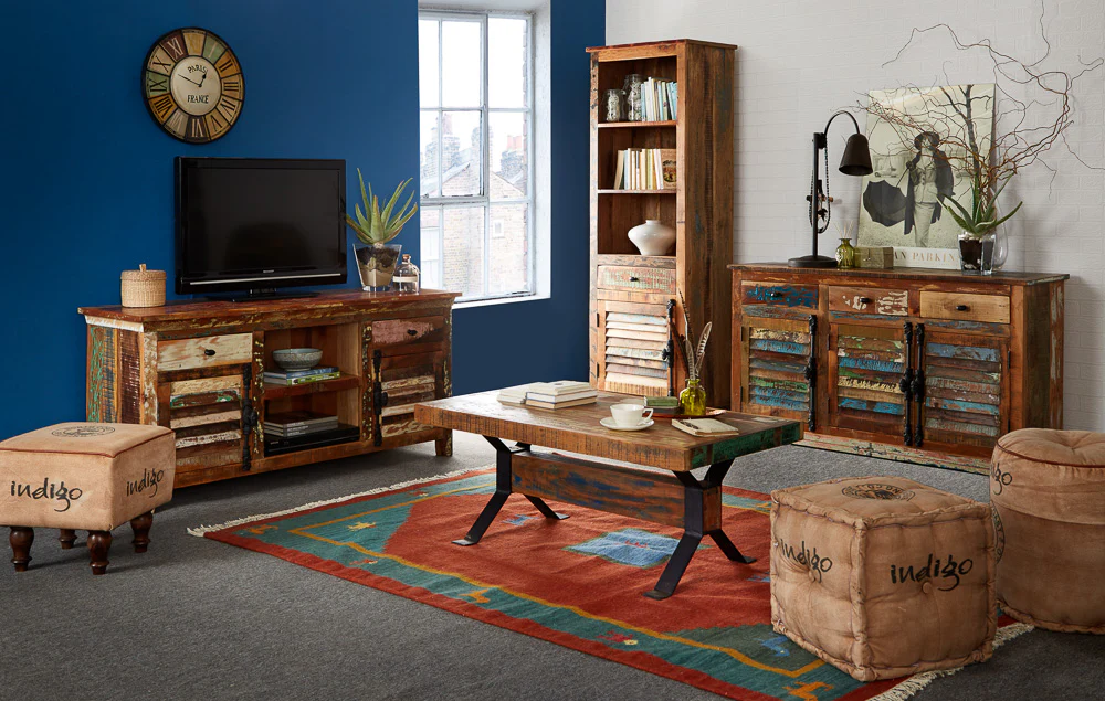Reclaimed wood furniture TV stands collection featuring rustic reclaimed timber TV units and media cabinets